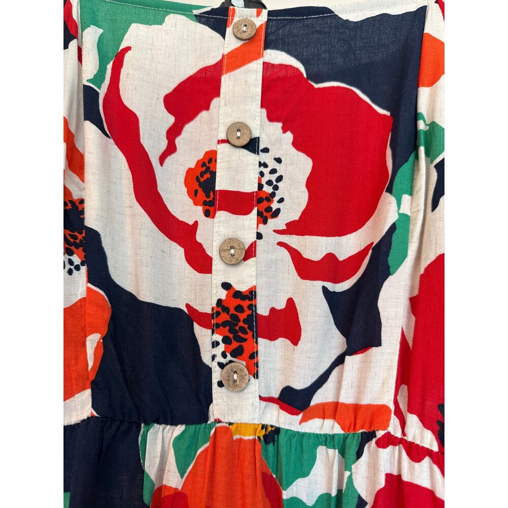 Vibrant Floral Midi Dress Size L NWT Puff Sleeve Linen Blend Summer Events Dress - Picture 4 of 9